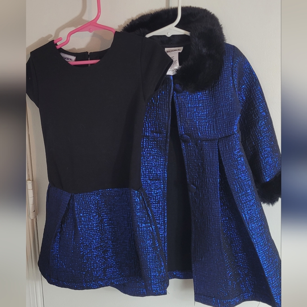 BLUEBERI BOULEVARD 3T dress and Jacket coat with fur black and blue 2 in 1 set